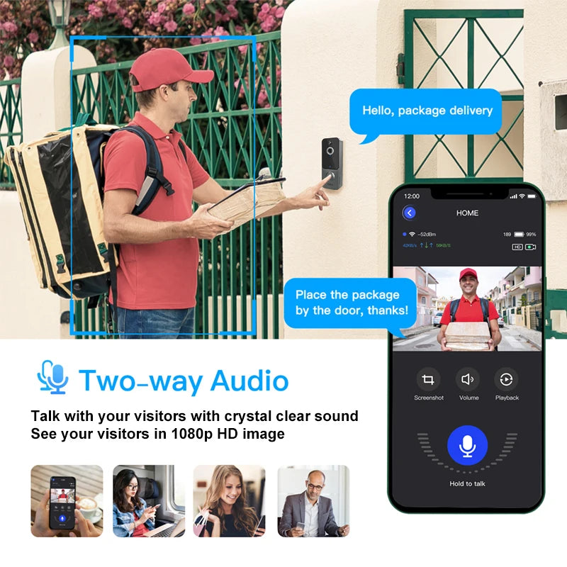 Newest WiFi Smart Home Video Doorbell Camera, Mobile Detection, Wireless, Night Vision, Intercom